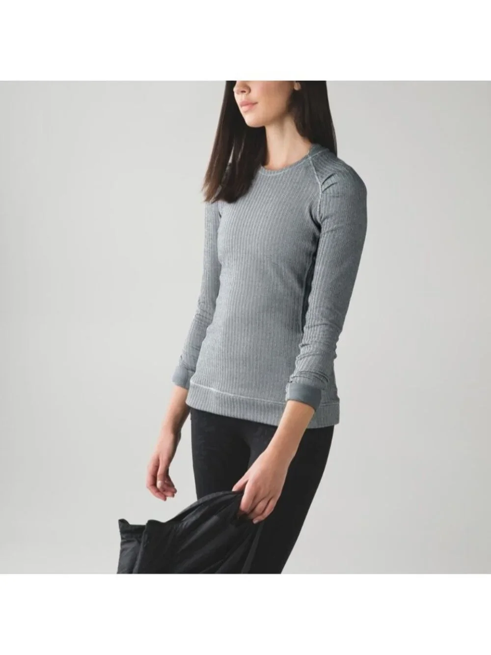 Lululemon Think Fast Long Sleeve Heathered Herringbone Silver Spoon Blk